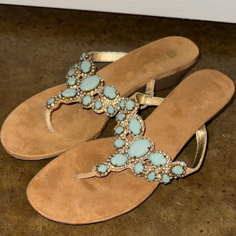 White House Black Market Tan and Gold Embellished Sandals